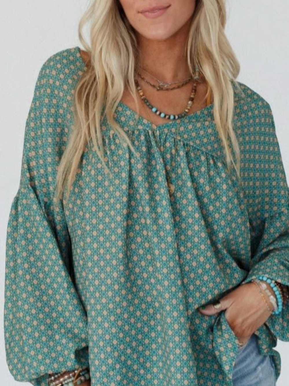 Three Bird Nest Teal Printed Boho Tunic